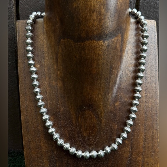 Sterling Silver 8mm Stamped Pearls Bead Necklace. 18 Inch
